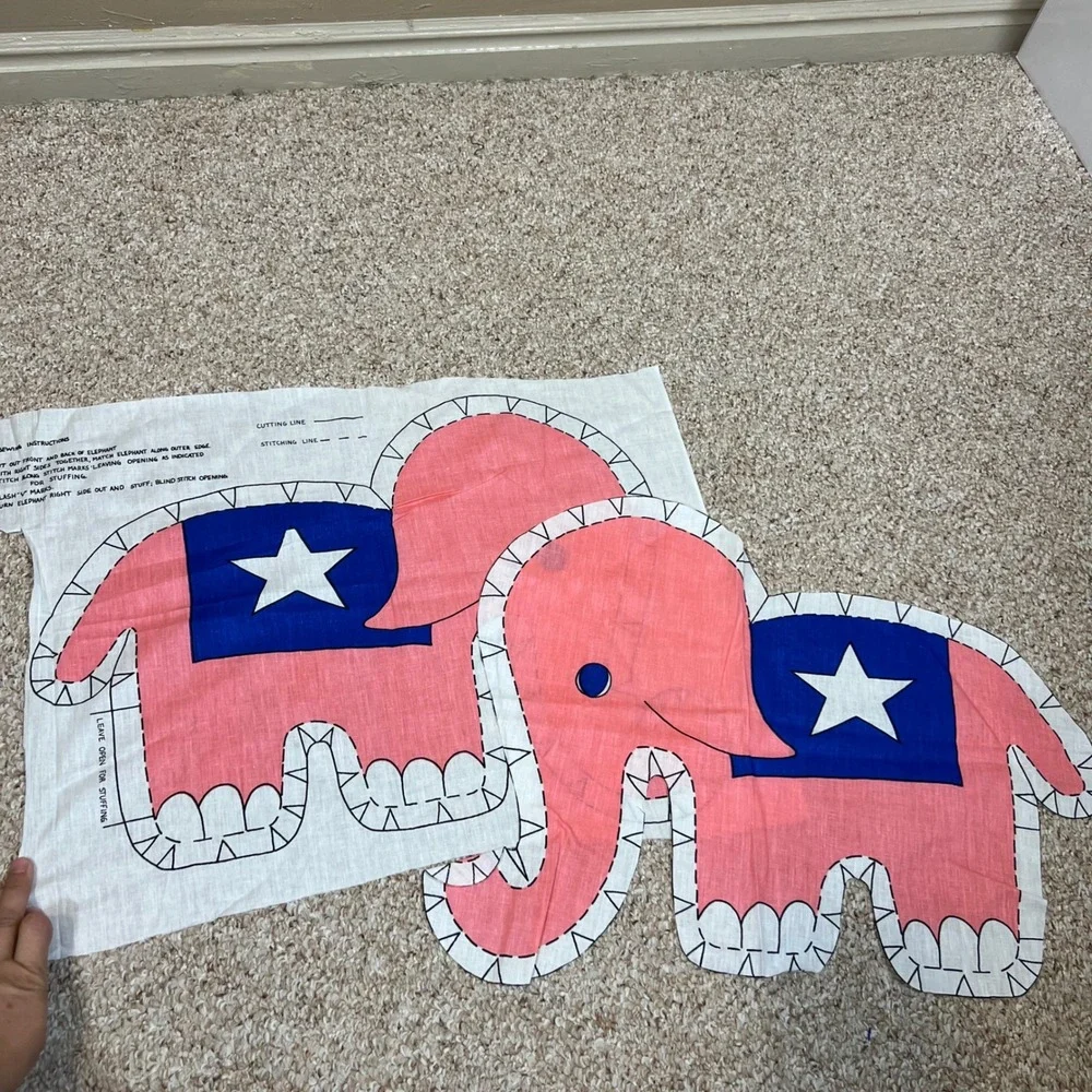 Vintage Pink Elephant Cut and Sew Fabric Panel Plush Toy DIY Craft